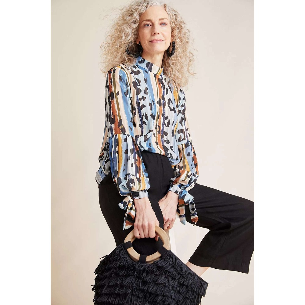 NWT Hutch for Anthropologie Melissa Leopard Abstract Striped Mock Neck Blouse M